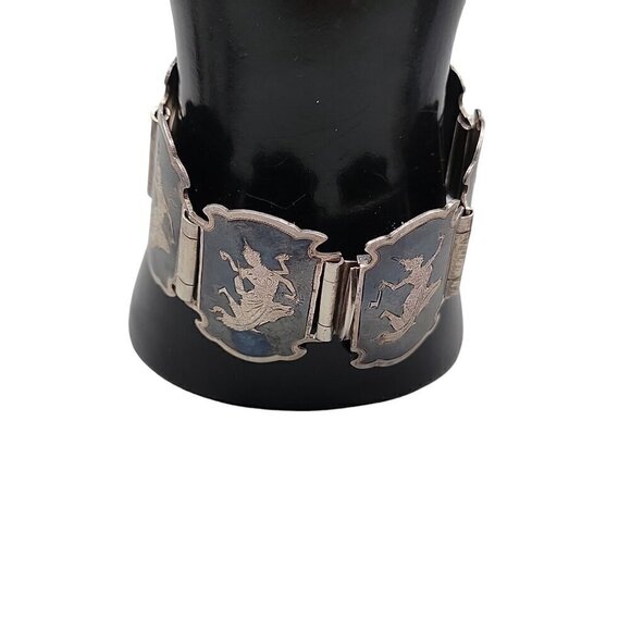 Siam Sterling Silver Bracelet 925 Niello Hindu Goddess Enamel Hinged Panel SZ 7 - Picture 6 of 16